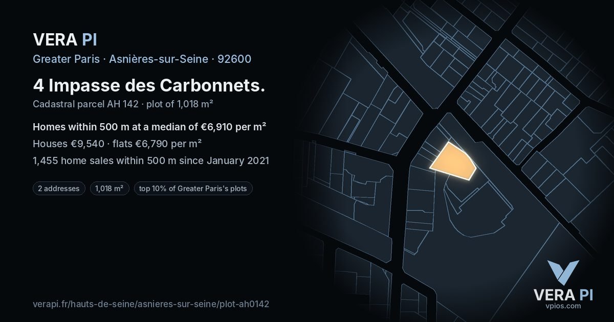 4 Impasse des Carbonnets, Asnières-sur-Seine at night – the plot lit, the parcels around coloured by the prices near them