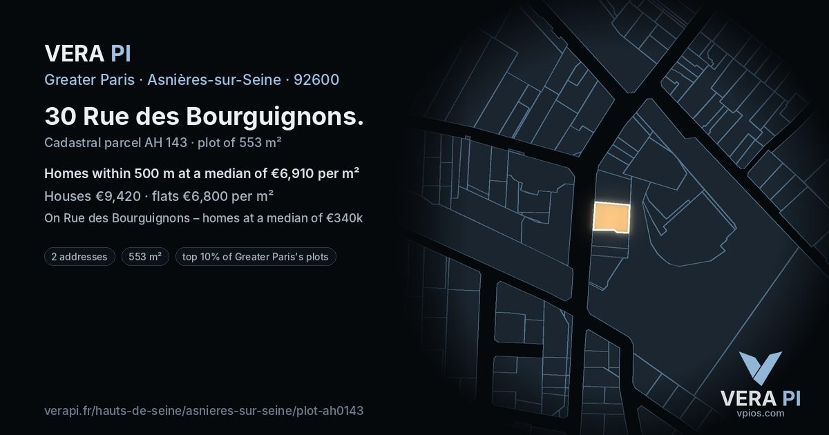 30 Rue des Bourguignons, Asnières-sur-Seine at night – the plot lit, the parcels around coloured by the prices near them