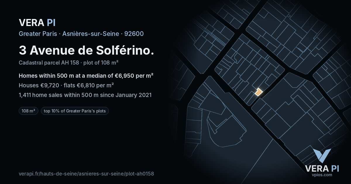 3 Avenue de Solférino, Asnières-sur-Seine at night – the plot lit, the parcels around coloured by the prices near them