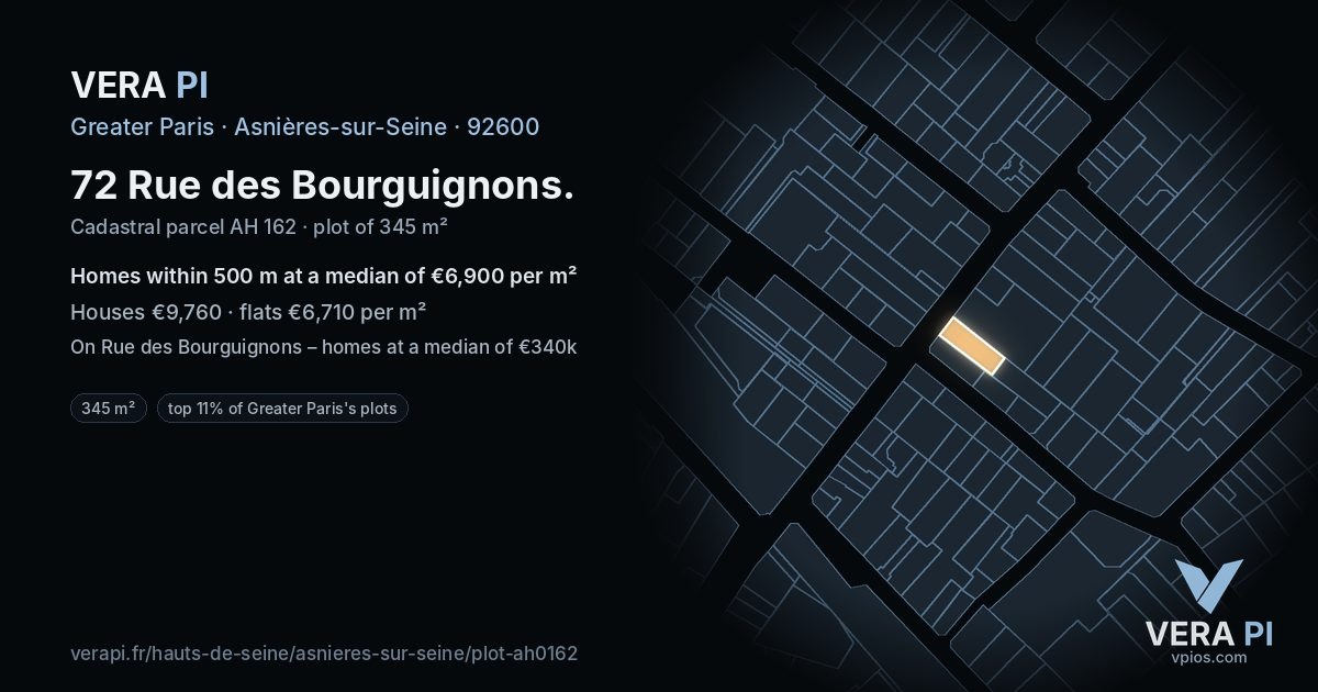 72 Rue des Bourguignons, Asnières-sur-Seine at night – the plot lit, the parcels around coloured by the prices near them