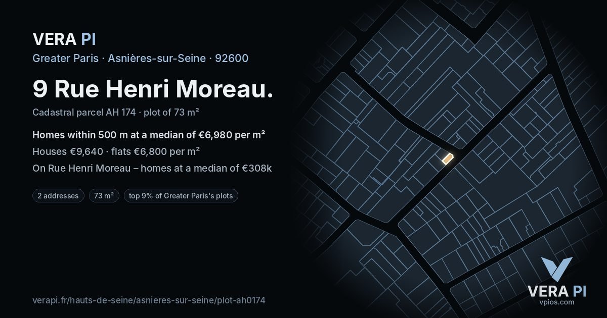 9 Rue Henri Moreau, Asnières-sur-Seine at night – the plot lit, the parcels around coloured by the prices near them