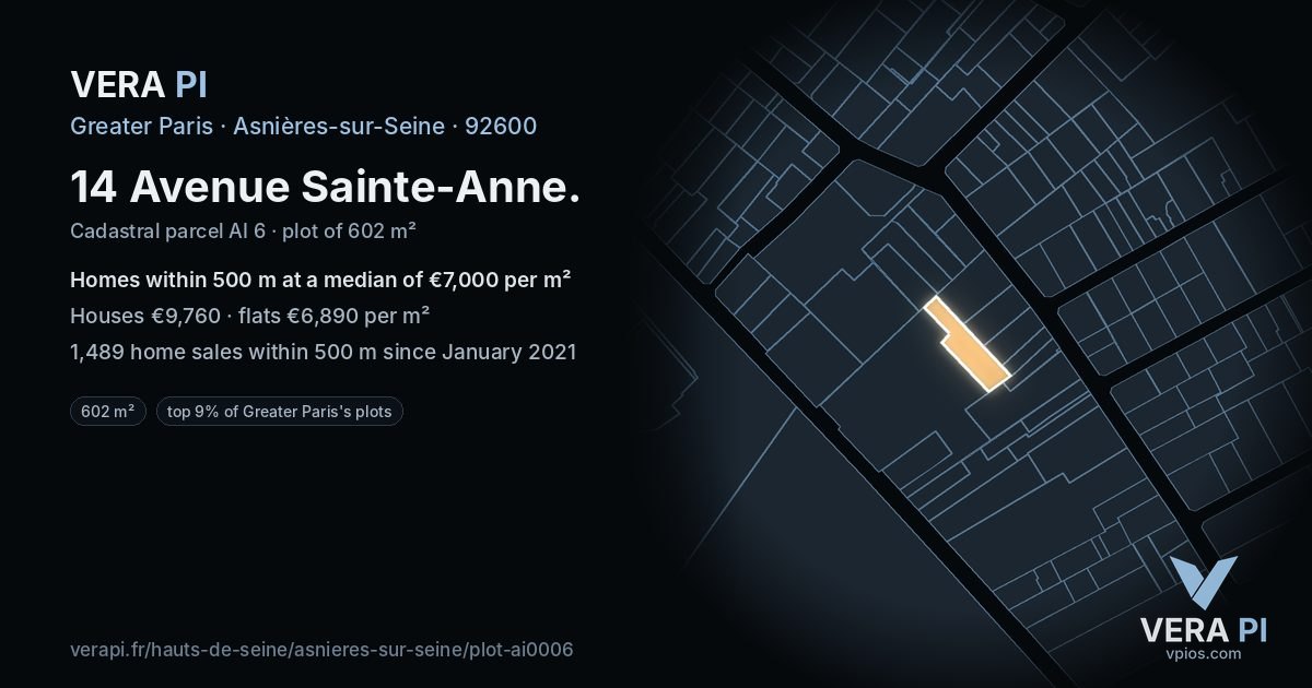 14 Avenue Sainte-Anne, Asnières-sur-Seine at night – the plot lit, the parcels around coloured by the prices near them