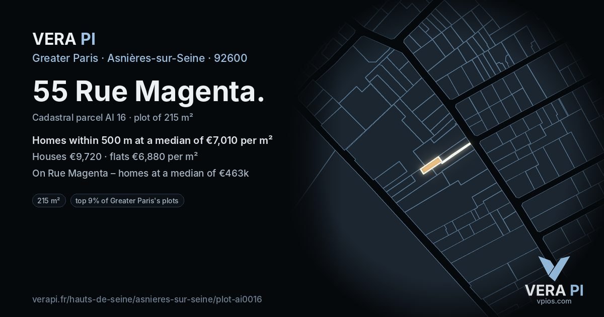 55 Rue Magenta, Asnières-sur-Seine at night – the plot lit, the parcels around coloured by the prices near them