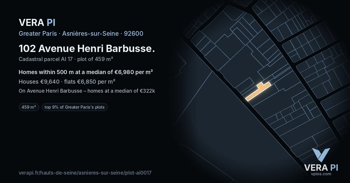102 Avenue Henri Barbusse, Asnières-sur-Seine at night – the plot lit, the parcels around coloured by the prices near them