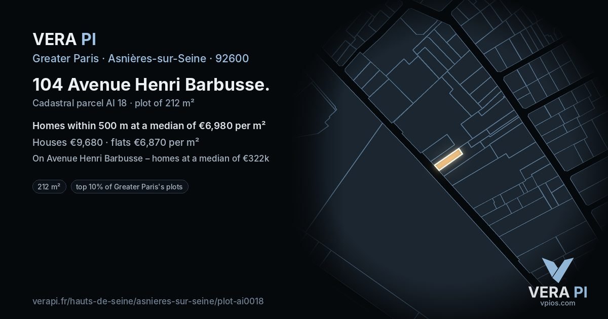 104 Avenue Henri Barbusse, Asnières-sur-Seine at night – the plot lit, the parcels around coloured by the prices near them