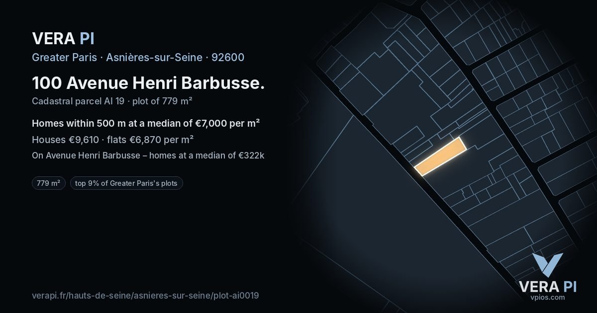 100 Avenue Henri Barbusse, Asnières-sur-Seine at night – the plot lit, the parcels around coloured by the prices near them