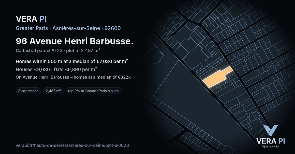 96 Avenue Henri Barbusse, Asnières-sur-Seine at night – the plot lit, the parcels around coloured by the prices near them