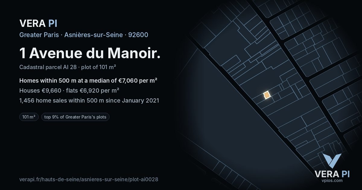 1 Avenue du Manoir, Asnières-sur-Seine at night – the plot lit, the parcels around coloured by the prices near them