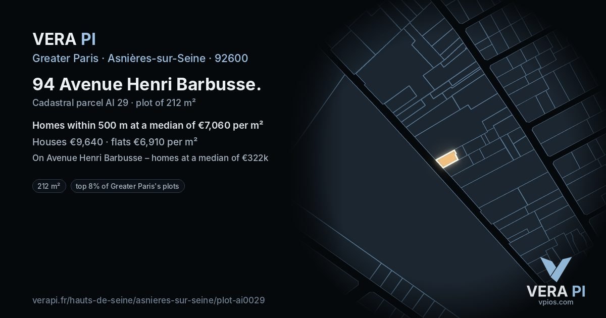 94 Avenue Henri Barbusse, Asnières-sur-Seine at night – the plot lit, the parcels around coloured by the prices near them