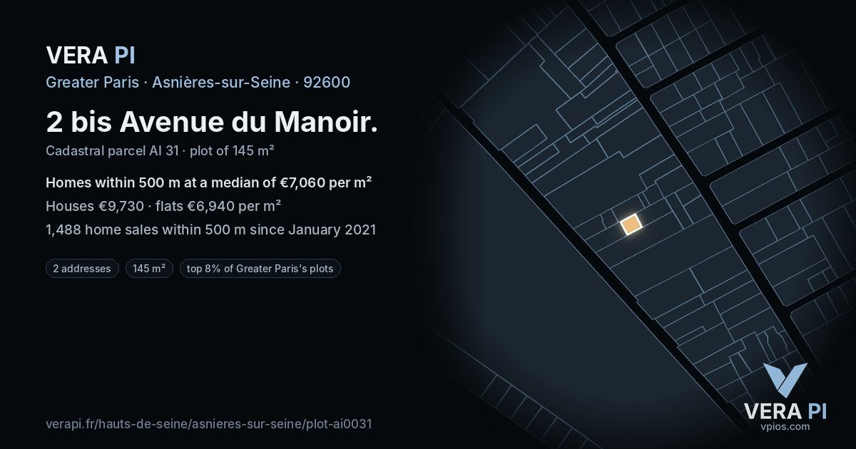 2 bis Avenue du Manoir, Asnières-sur-Seine at night – the plot lit, the parcels around coloured by the prices near them