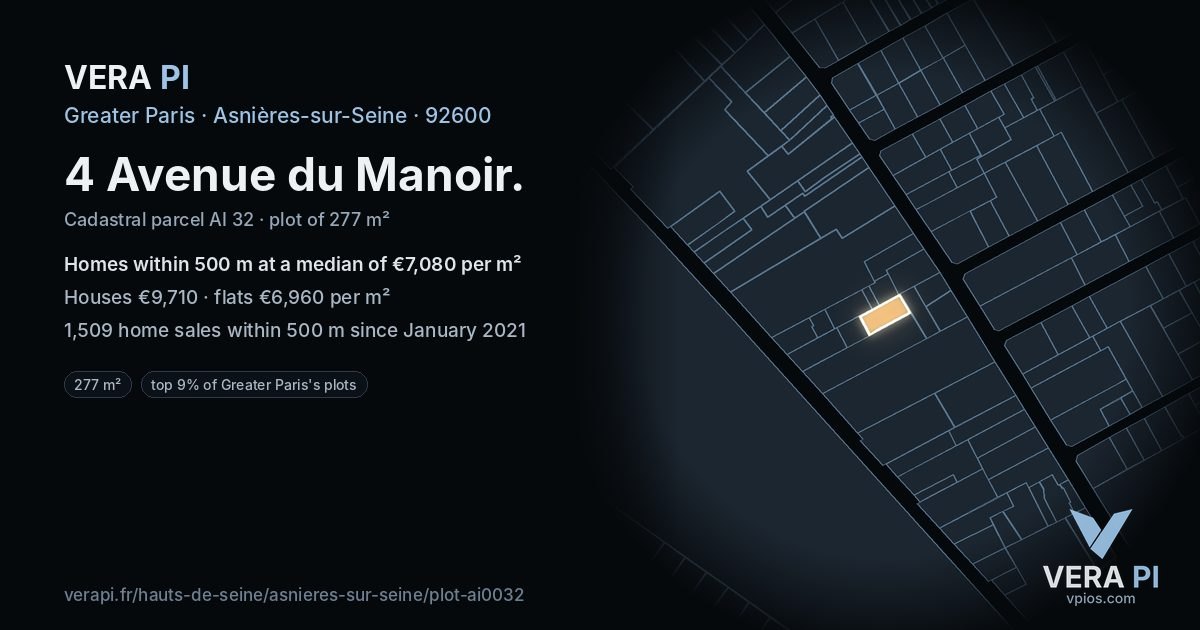 4 Avenue du Manoir, Asnières-sur-Seine at night – the plot lit, the parcels around coloured by the prices near them