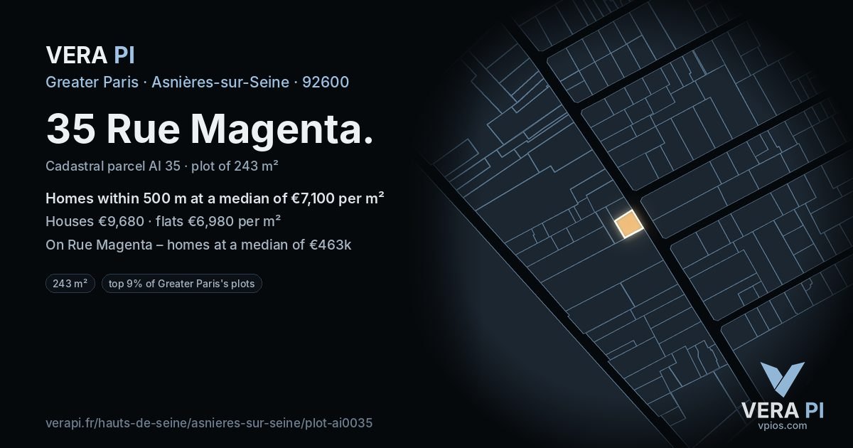 35 Rue Magenta, Asnières-sur-Seine at night – the plot lit, the parcels around coloured by the prices near them