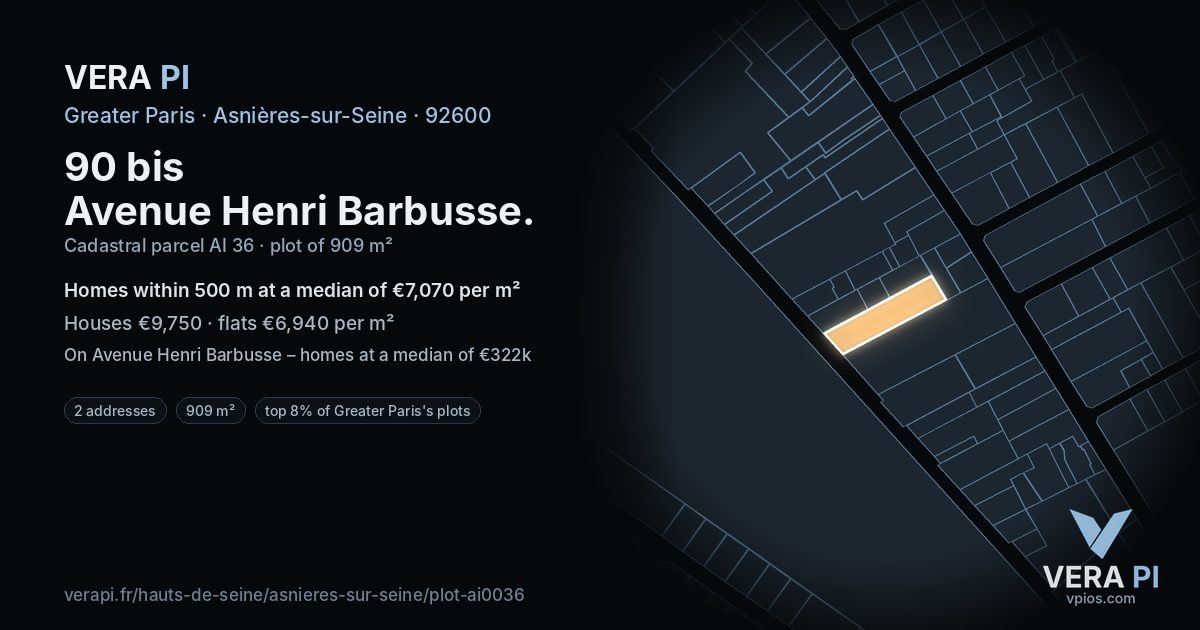 90 bis Avenue Henri Barbusse, Asnières-sur-Seine at night – the plot lit, the parcels around coloured by the prices near them
