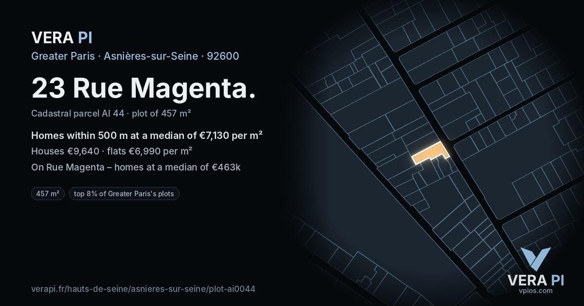 23 Rue Magenta, Asnières-sur-Seine at night – the plot lit, the parcels around coloured by the prices near them