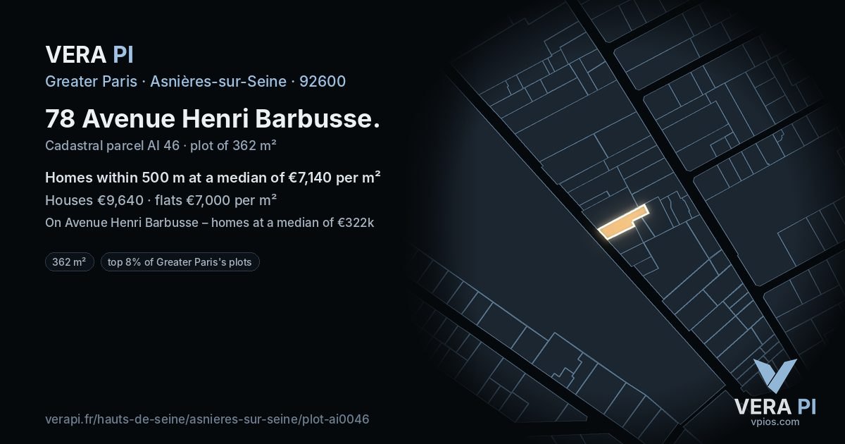 78 Avenue Henri Barbusse, Asnières-sur-Seine at night – the plot lit, the parcels around coloured by the prices near them