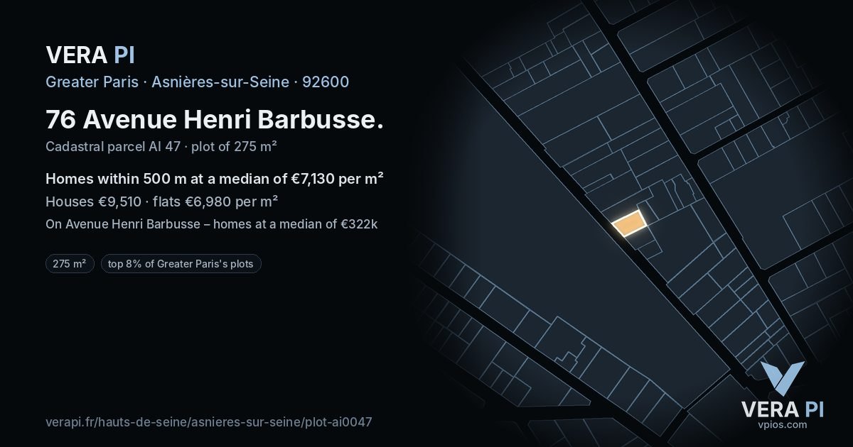 76 Avenue Henri Barbusse, Asnières-sur-Seine at night – the plot lit, the parcels around coloured by the prices near them
