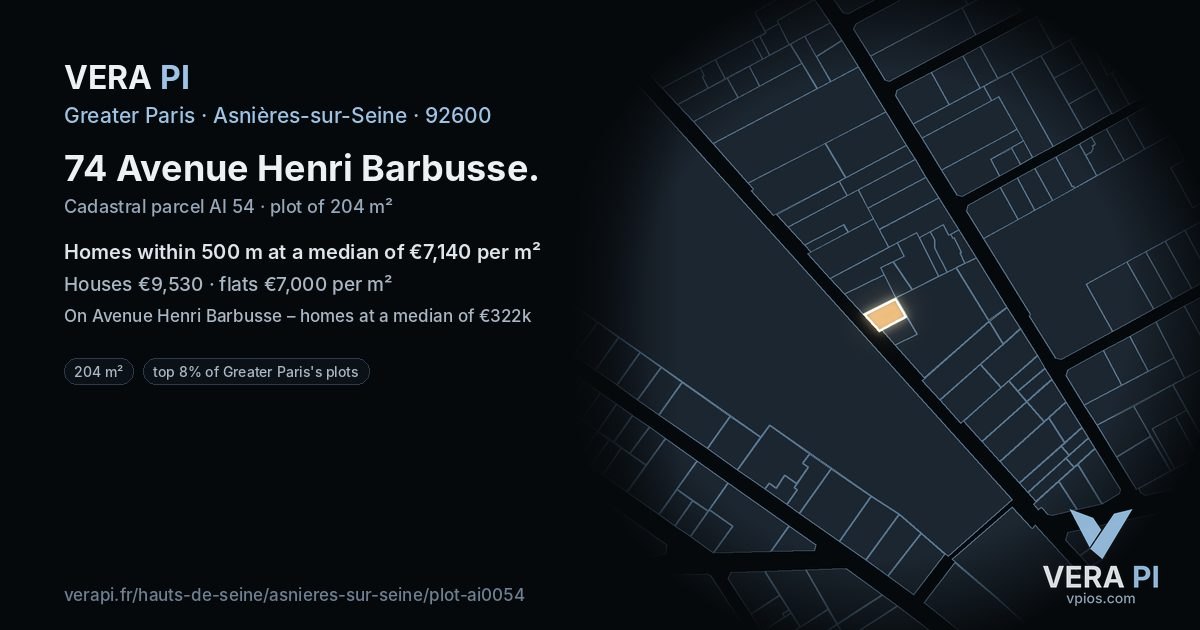 74 Avenue Henri Barbusse, Asnières-sur-Seine at night – the plot lit, the parcels around coloured by the prices near them