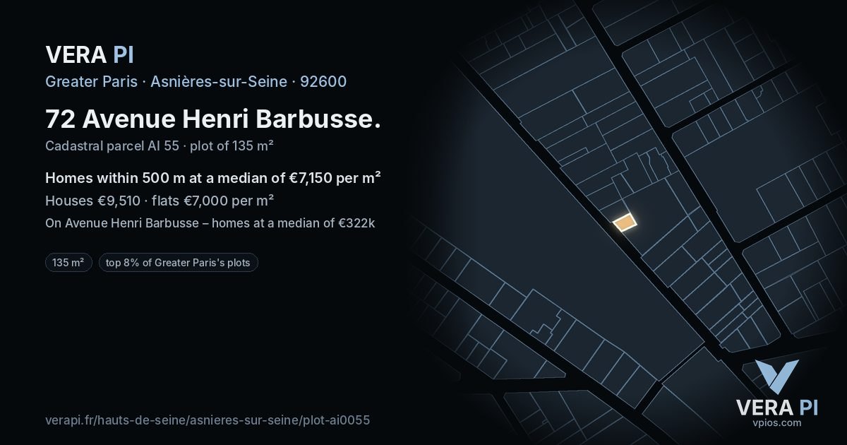 72 Avenue Henri Barbusse, Asnières-sur-Seine at night – the plot lit, the parcels around coloured by the prices near them