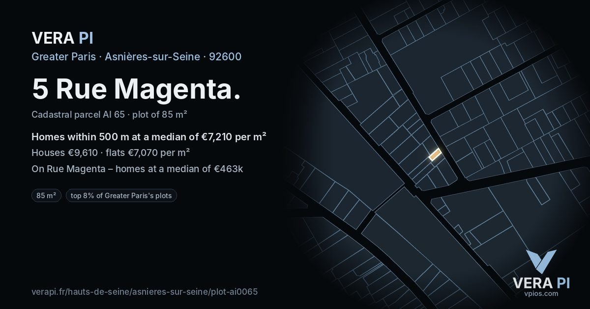 5 Rue Magenta, Asnières-sur-Seine at night – the plot lit, the parcels around coloured by the prices near them