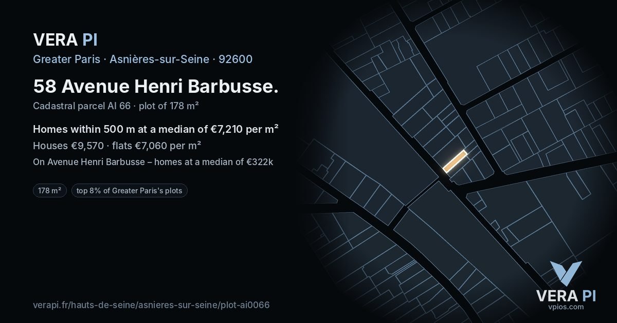 58 Avenue Henri Barbusse, Asnières-sur-Seine at night – the plot lit, the parcels around coloured by the prices near them