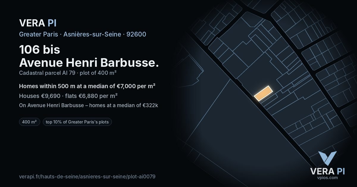 106 bis Avenue Henri Barbusse, Asnières-sur-Seine at night – the plot lit, the parcels around coloured by the prices near them