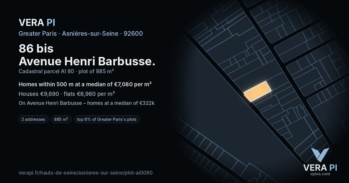 86 bis Avenue Henri Barbusse, Asnières-sur-Seine at night – the plot lit, the parcels around coloured by the prices near them