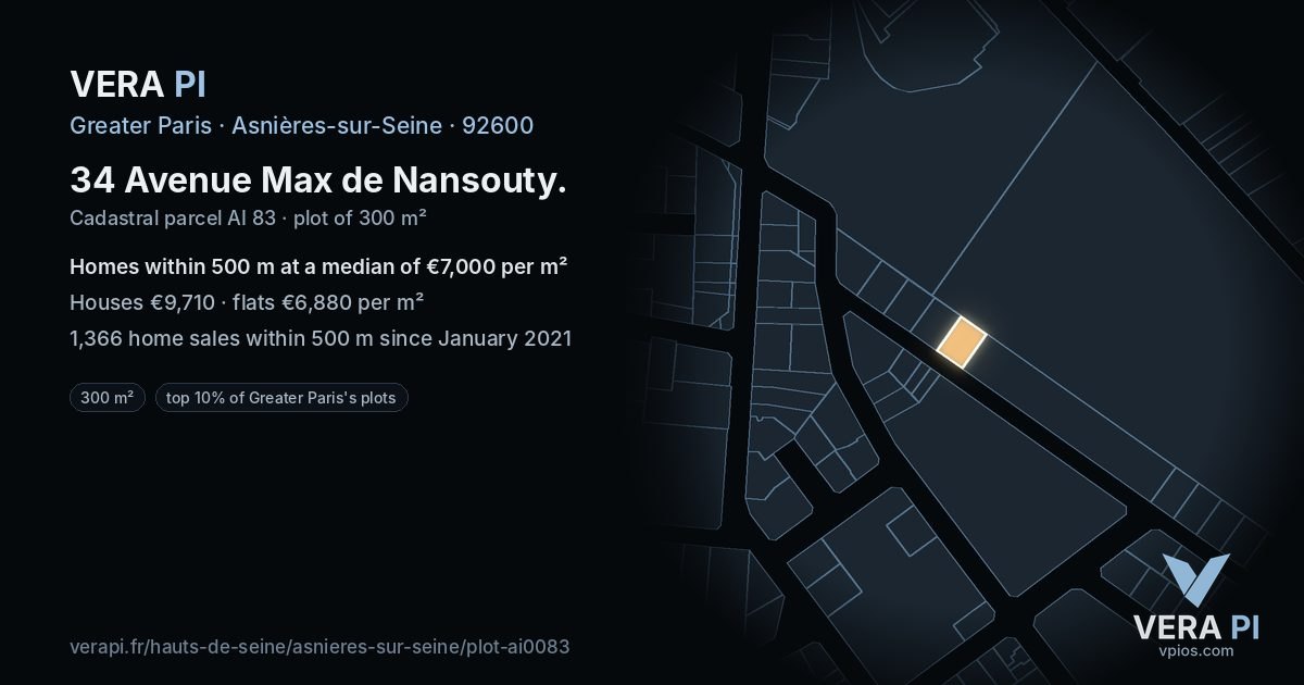 34 Avenue Max de Nansouty, Asnières-sur-Seine at night – the plot lit, the parcels around coloured by the prices near them