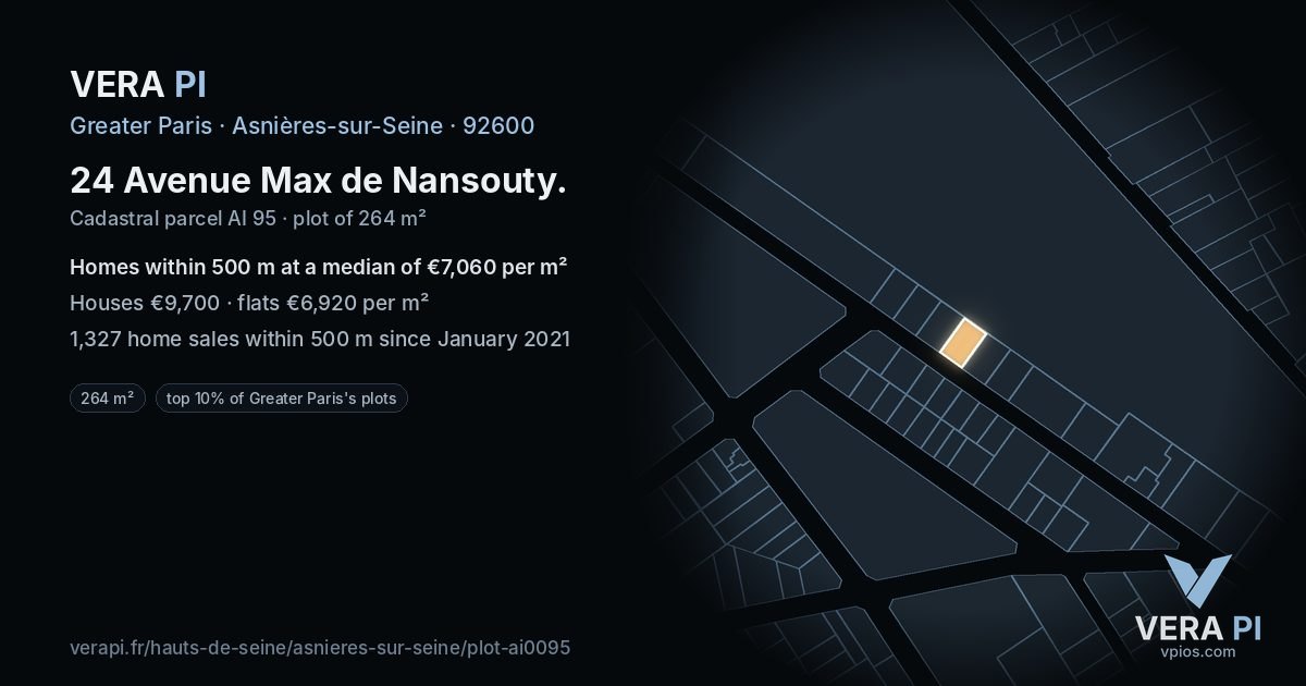 24 Avenue Max de Nansouty, Asnières-sur-Seine at night – the plot lit, the parcels around coloured by the prices near them