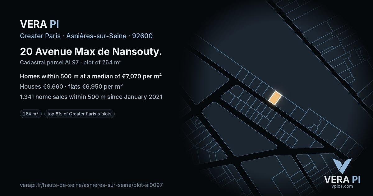 20 Avenue Max de Nansouty, Asnières-sur-Seine at night – the plot lit, the parcels around coloured by the prices near them