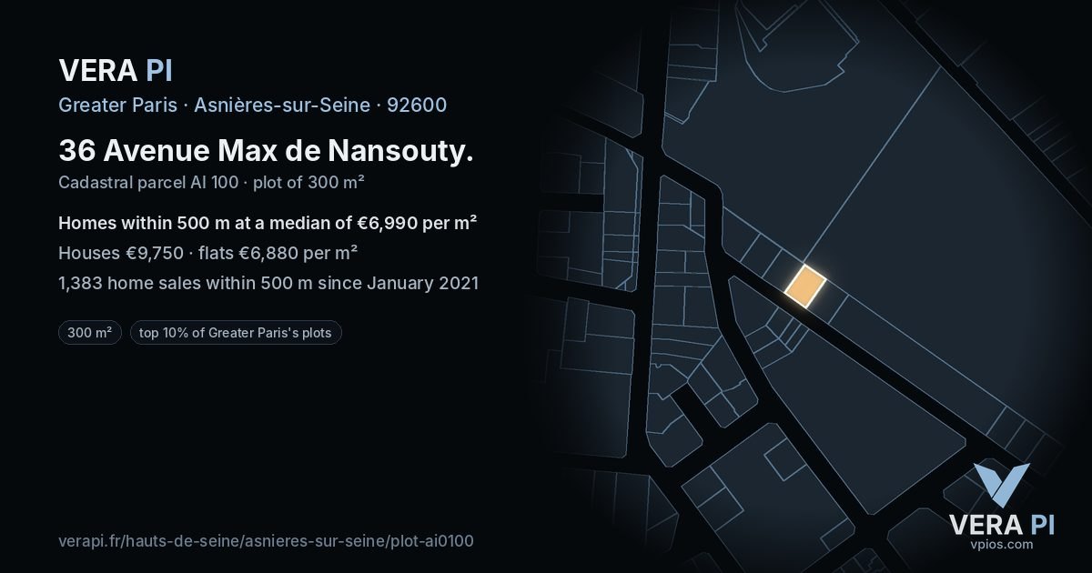 36 Avenue Max de Nansouty, Asnières-sur-Seine at night – the plot lit, the parcels around coloured by the prices near them