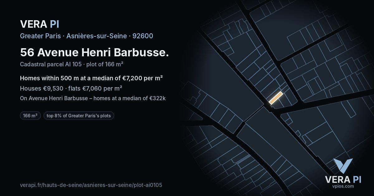 56 Avenue Henri Barbusse, Asnières-sur-Seine at night – the plot lit, the parcels around coloured by the prices near them
