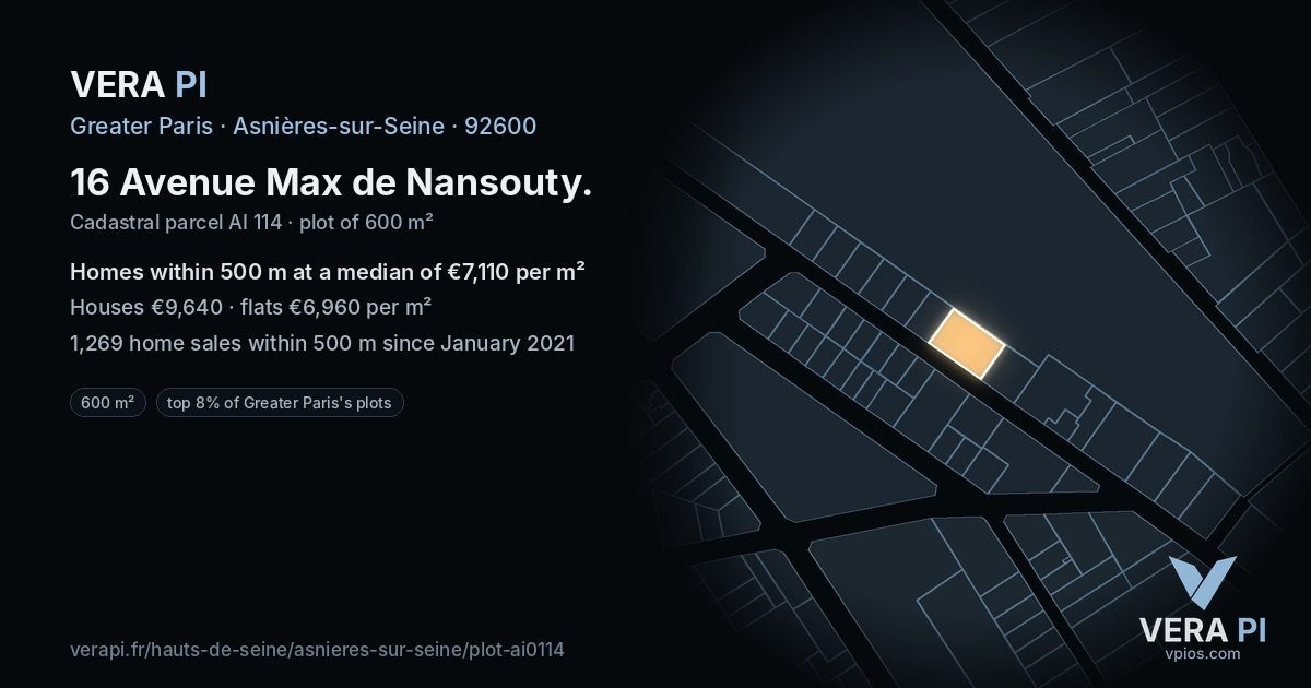 16 Avenue Max de Nansouty, Asnières-sur-Seine at night – the plot lit, the parcels around coloured by the prices near them