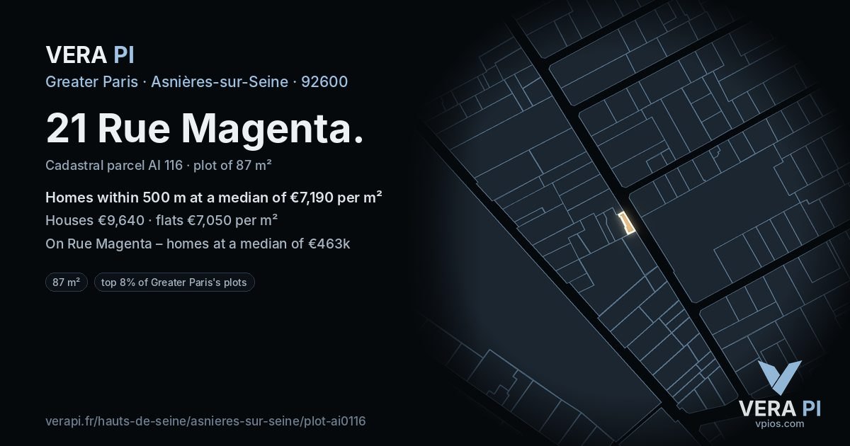 21 Rue Magenta, Asnières-sur-Seine at night – the plot lit, the parcels around coloured by the prices near them