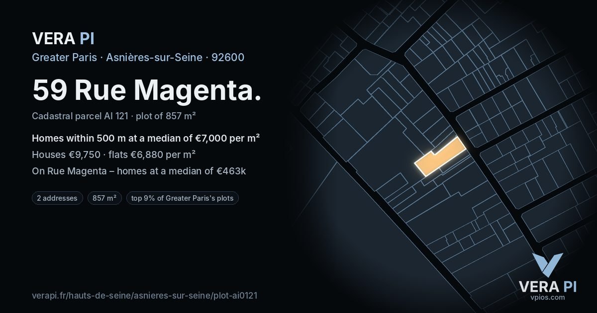 59 Rue Magenta, Asnières-sur-Seine at night – the plot lit, the parcels around coloured by the prices near them