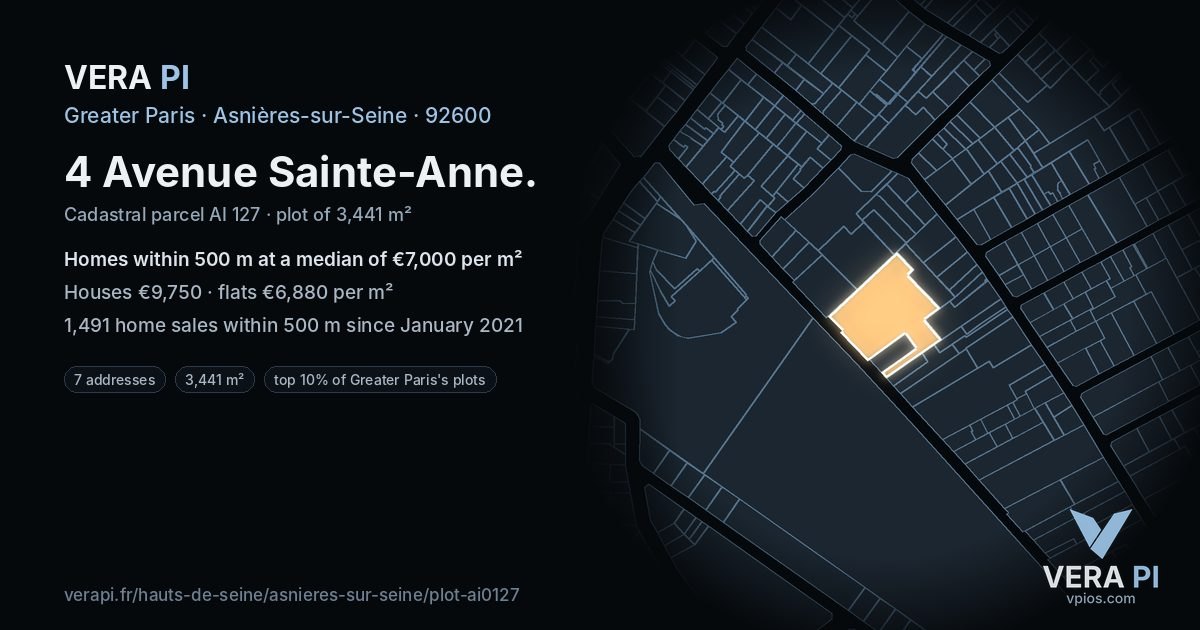 4 Avenue Sainte-Anne, Asnières-sur-Seine at night – the plot lit, the parcels around coloured by the prices near them