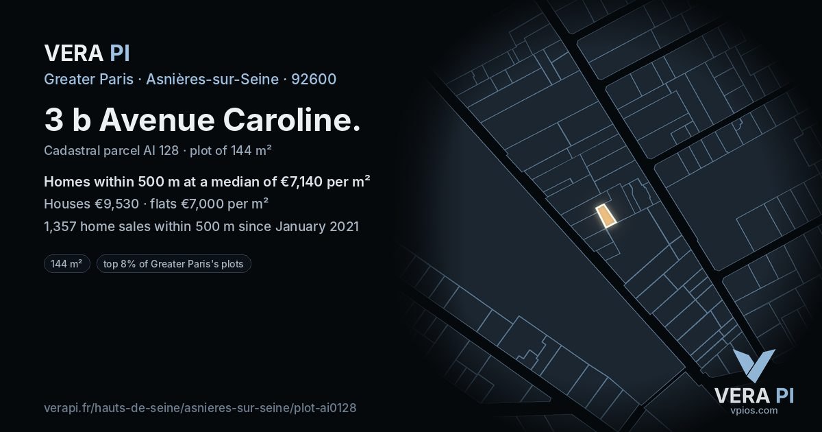 3 b Avenue Caroline, Asnières-sur-Seine at night – the plot lit, the parcels around coloured by the prices near them