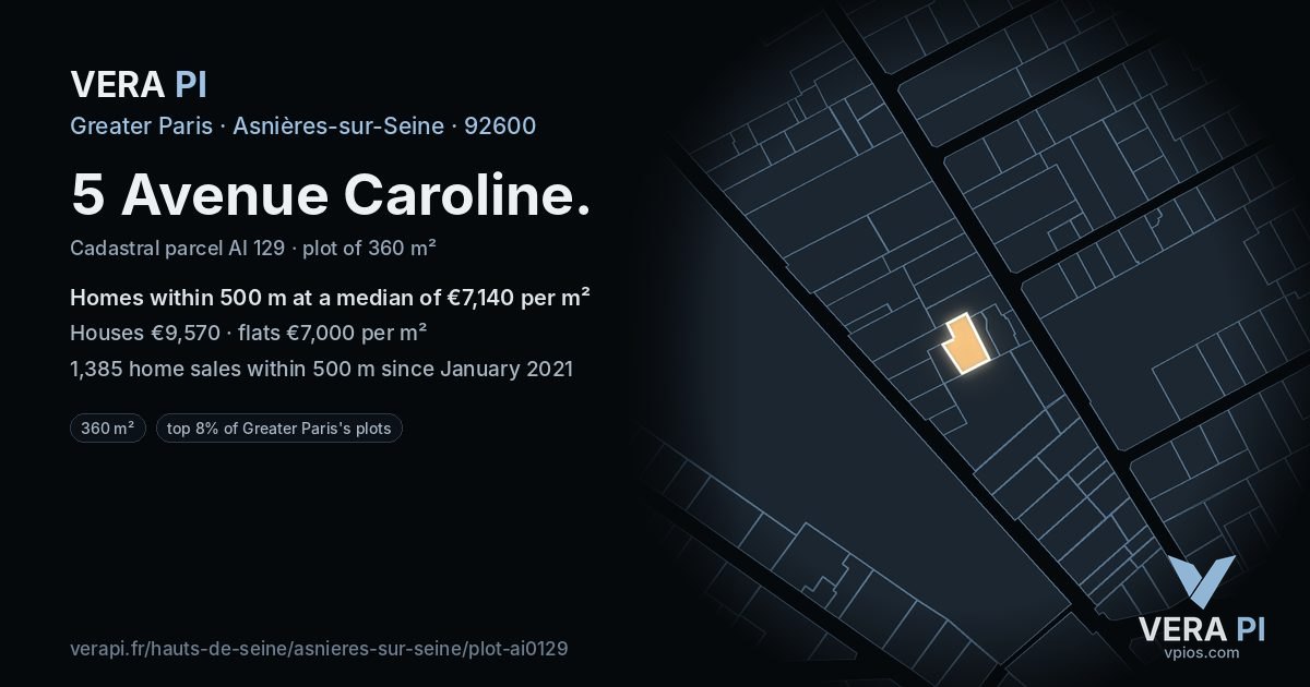 5 Avenue Caroline, Asnières-sur-Seine at night – the plot lit, the parcels around coloured by the prices near them