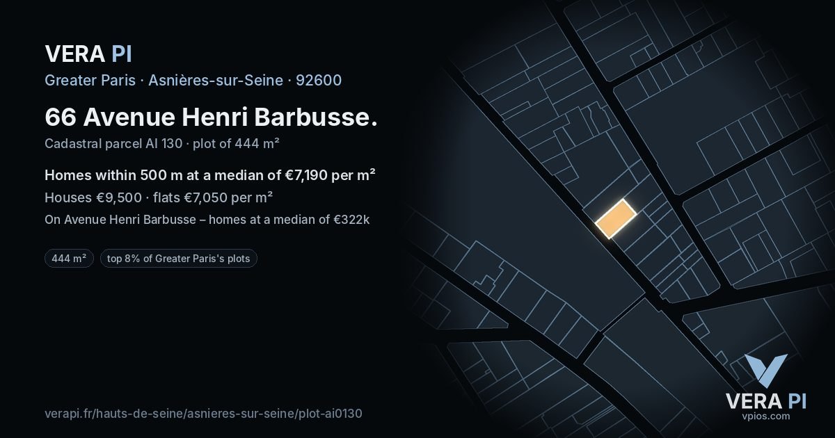 66 Avenue Henri Barbusse, Asnières-sur-Seine at night – the plot lit, the parcels around coloured by the prices near them