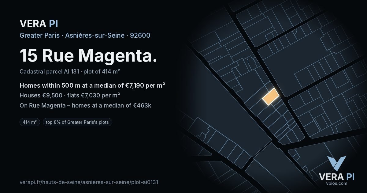 15 Rue Magenta, Asnières-sur-Seine at night – the plot lit, the parcels around coloured by the prices near them