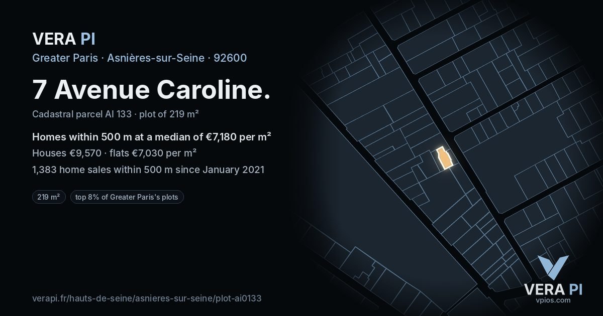 7 Avenue Caroline, Asnières-sur-Seine at night – the plot lit, the parcels around coloured by the prices near them