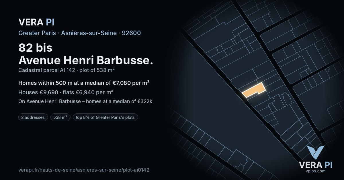 82 bis Avenue Henri Barbusse, Asnières-sur-Seine at night – the plot lit, the parcels around coloured by the prices near them