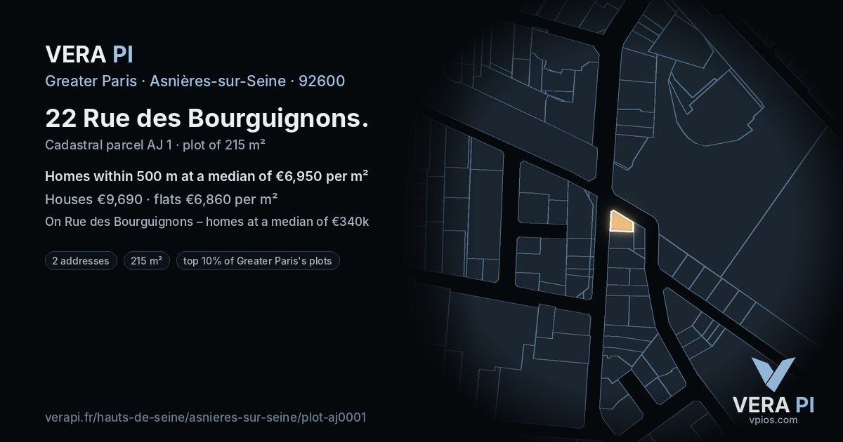 22 Rue des Bourguignons, Asnières-sur-Seine at night – the plot lit, the parcels around coloured by the prices near them