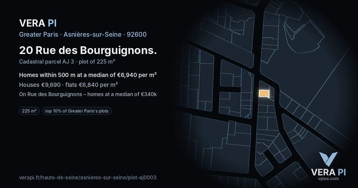 20 Rue des Bourguignons, Asnières-sur-Seine at night – the plot lit, the parcels around coloured by the prices near them