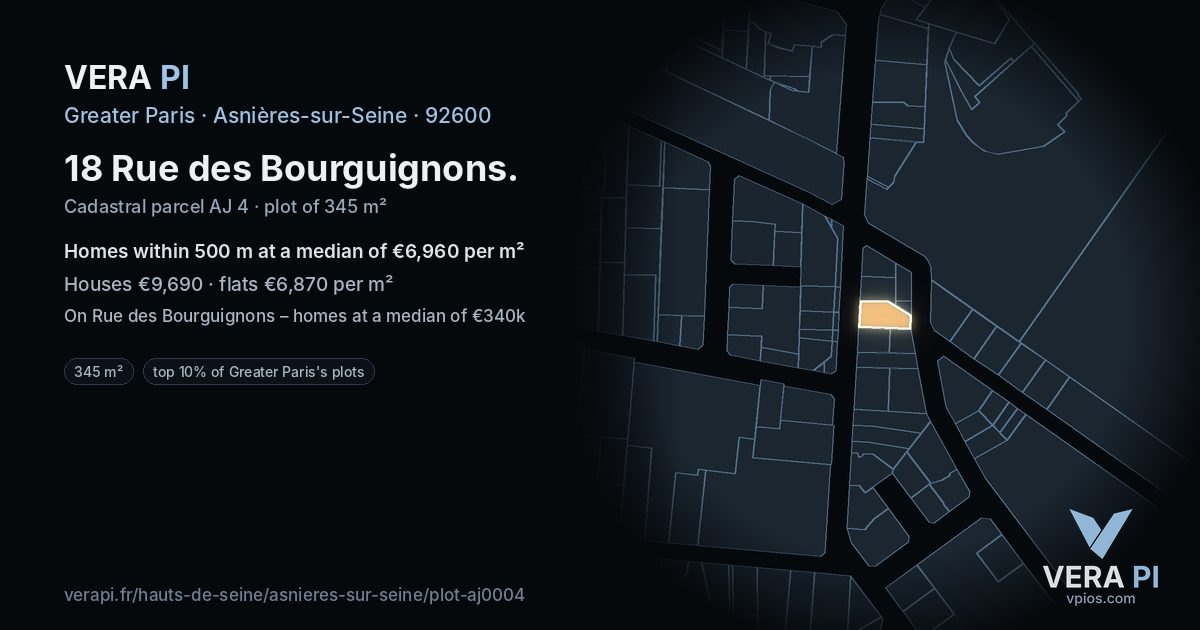 18 Rue des Bourguignons, Asnières-sur-Seine at night – the plot lit, the parcels around coloured by the prices near them