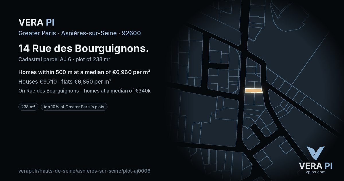 14 Rue des Bourguignons, Asnières-sur-Seine at night – the plot lit, the parcels around coloured by the prices near them