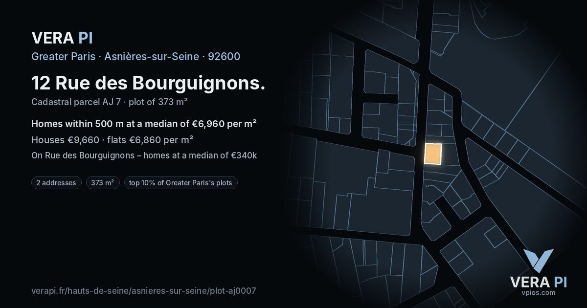 12 Rue des Bourguignons, Asnières-sur-Seine at night – the plot lit, the parcels around coloured by the prices near them