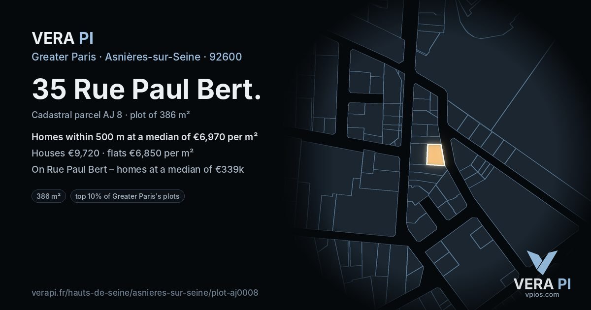 35 Rue Paul Bert, Asnières-sur-Seine at night – the plot lit, the parcels around coloured by the prices near them