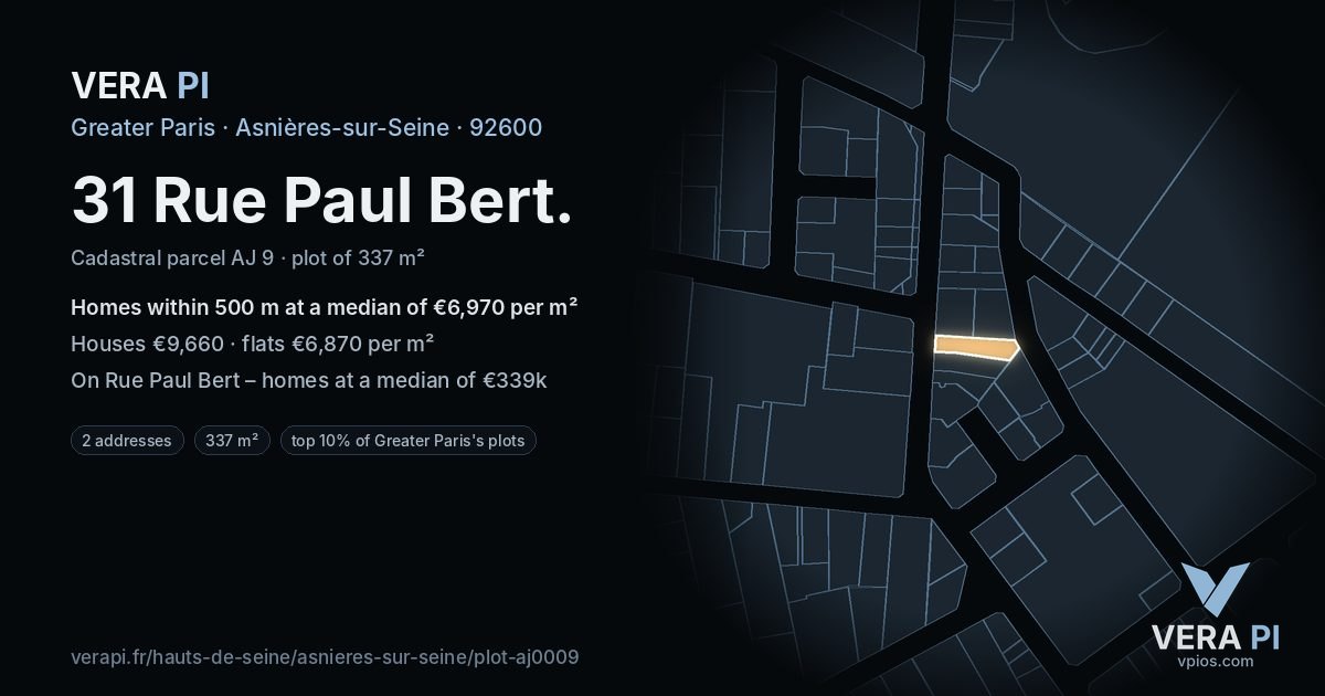 31 Rue Paul Bert, Asnières-sur-Seine at night – the plot lit, the parcels around coloured by the prices near them