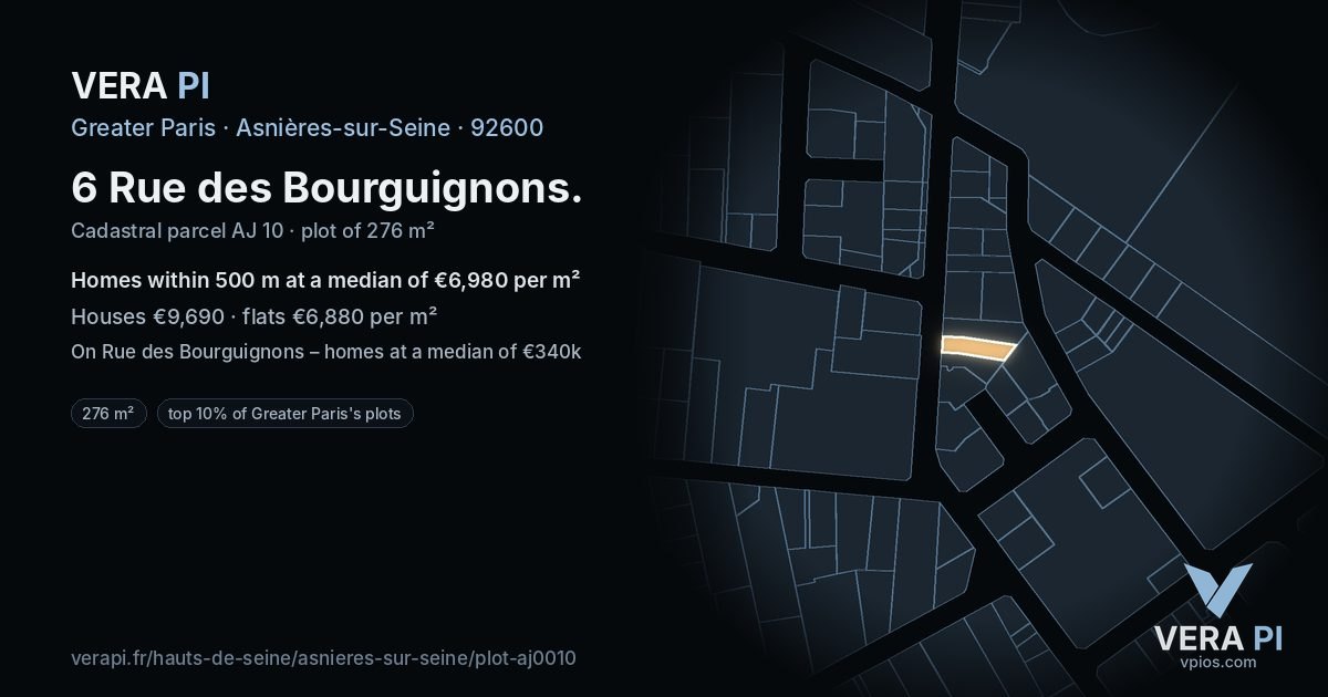 6 Rue des Bourguignons, Asnières-sur-Seine at night – the plot lit, the parcels around coloured by the prices near them