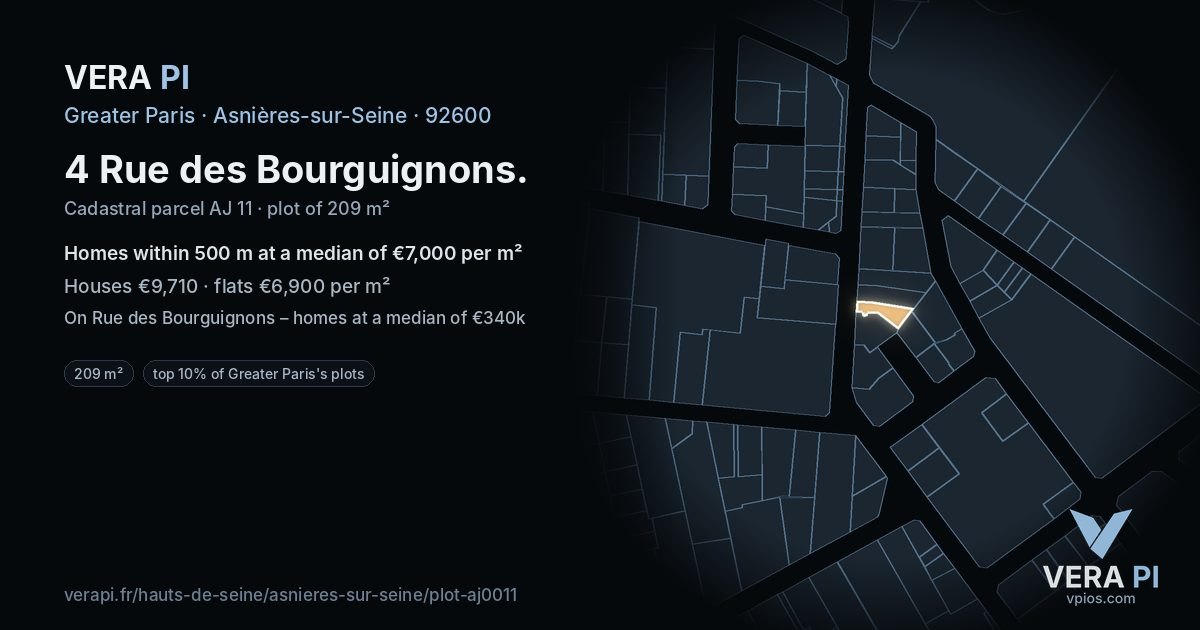 4 Rue des Bourguignons, Asnières-sur-Seine at night – the plot lit, the parcels around coloured by the prices near them